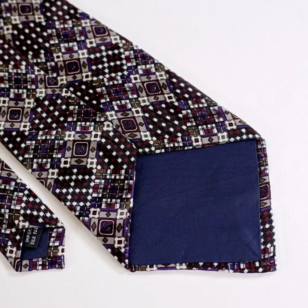 Chez Roffe New York Red Beige‎ Abstract Geometric Print Wide Silk Tie
